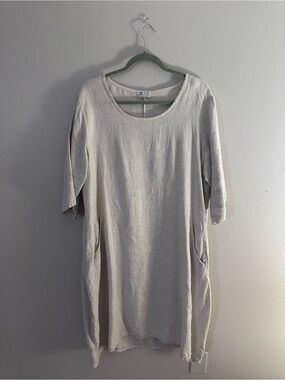 Relaxed 100% Linen Midi Dress with Pockets - Light Beige - Made in Italy
